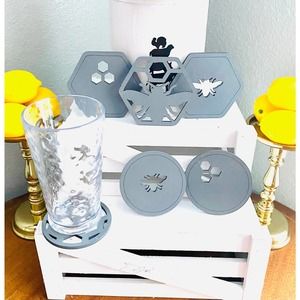 Set Of 6 Handmade Grey Wood Farmhouse Inspired Bee Themed Coaster (G)